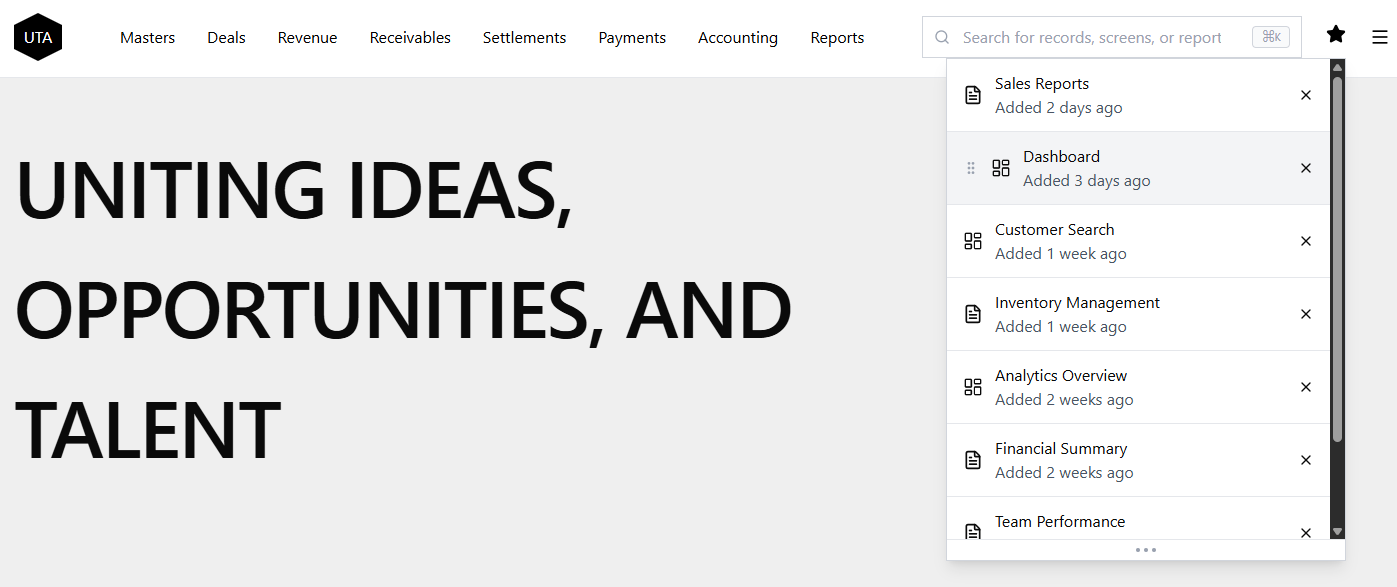 Favorites dropdown menu with favorites