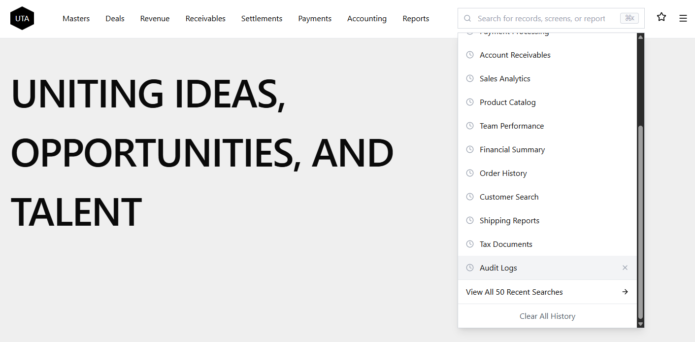 Recent search history dropdown