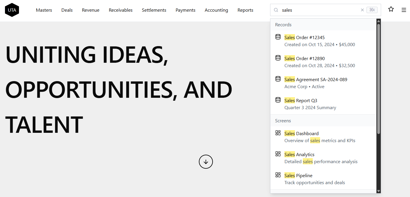 Type-ahead dropdown with categorized results