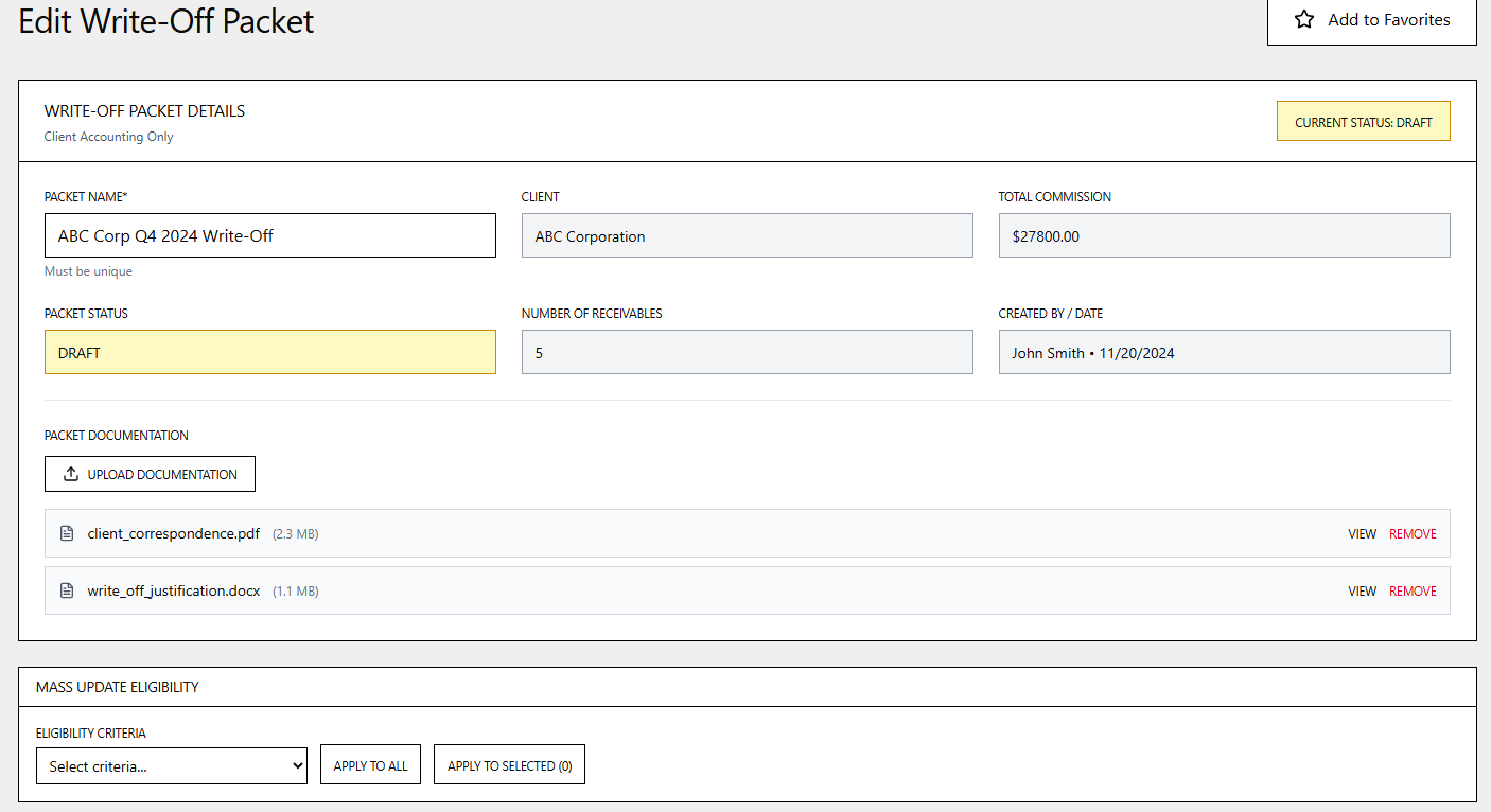 Write-Off Packet - Draft Mode - Details Mockup