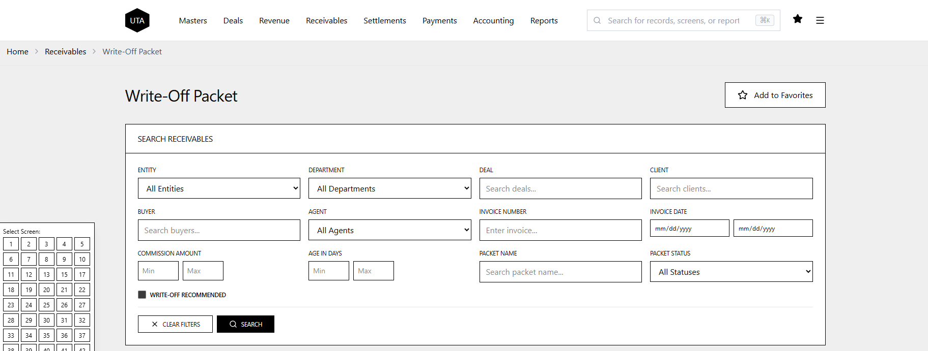 Write-Off Packet Screen - Search Criteria Mockup