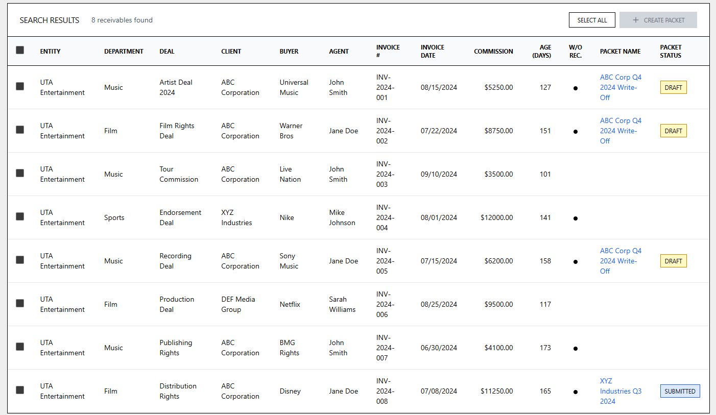 Write-Off Packet Screen - Search Results Mockup